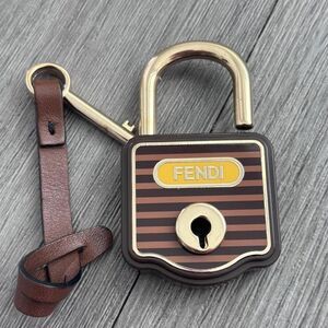 RARE Vintage Fendi Pequin Stripe Padlock & Key/Bag Charm, Brown/Yellow/Gold